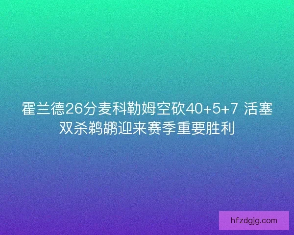 霍兰德26分麦科勒姆空砍40+5+7 活塞双杀鹈鹕迎来赛季重要胜利